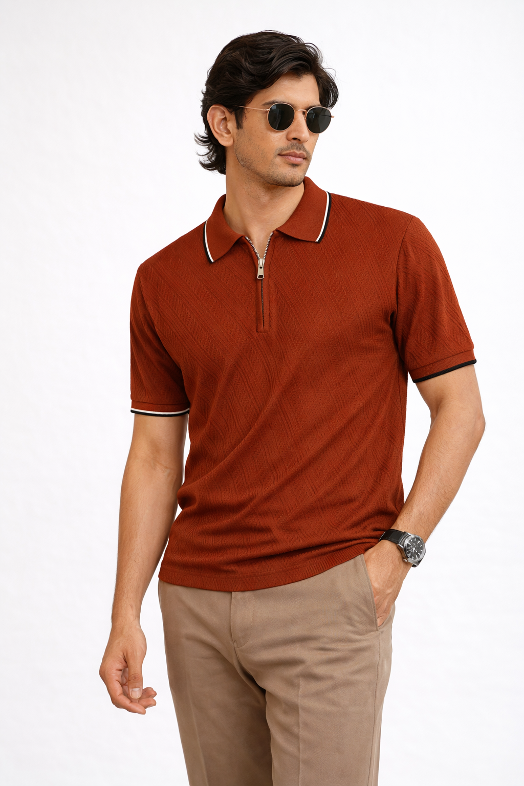 Dark Red Textured Zip Polo