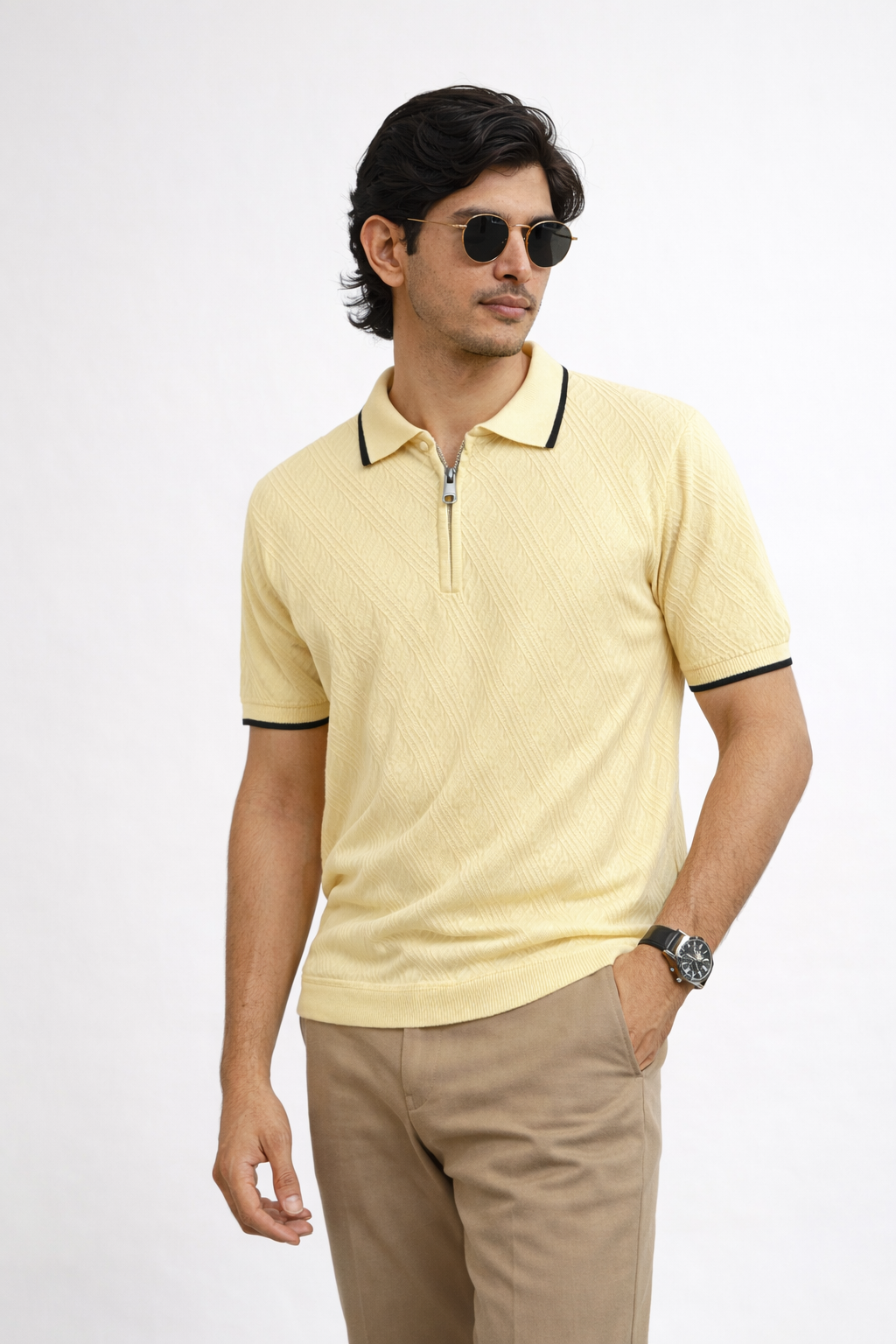 Cream Textured Zip Polo