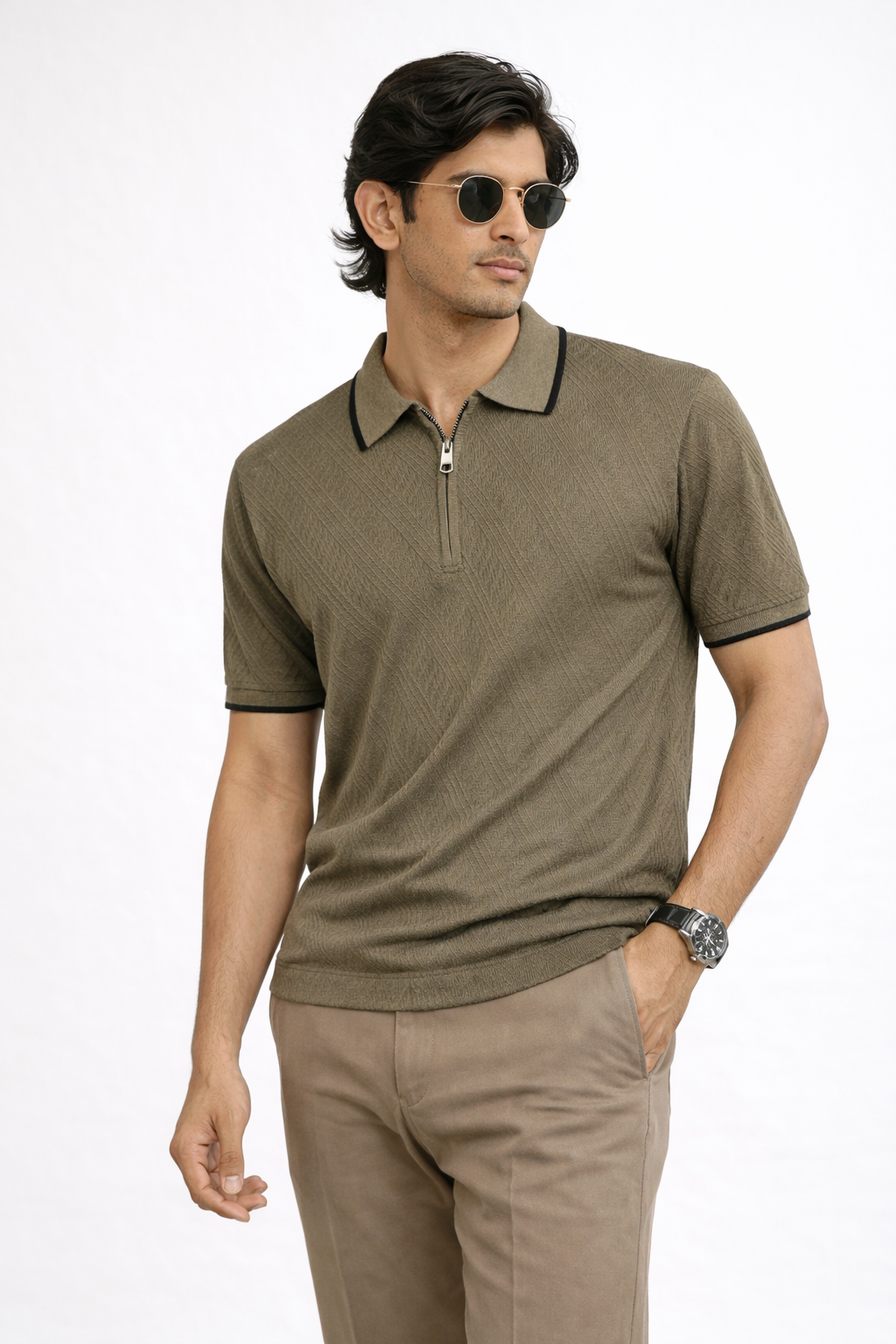 Olive Textured Zip Polo