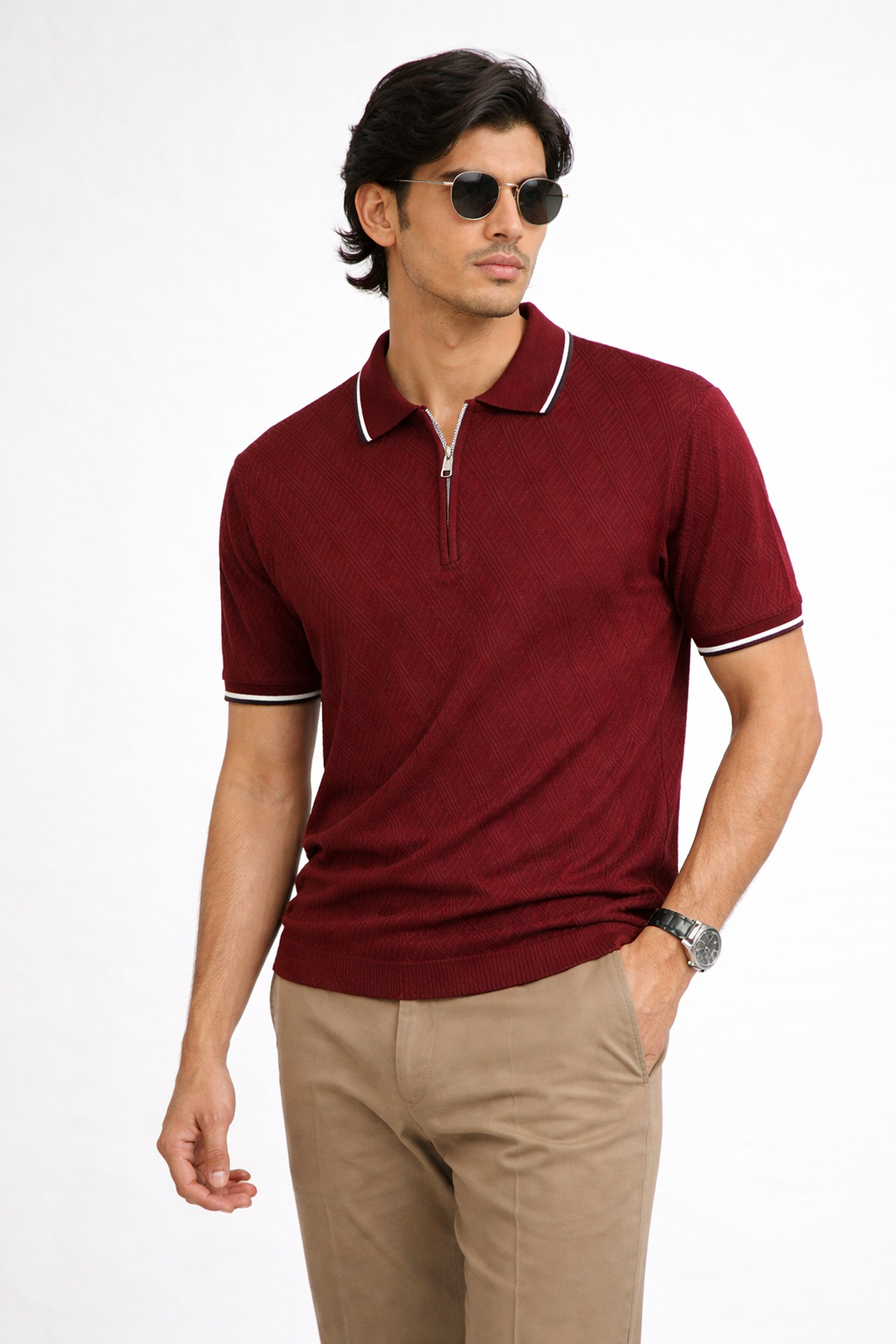 Maroon Textured Zip Polo